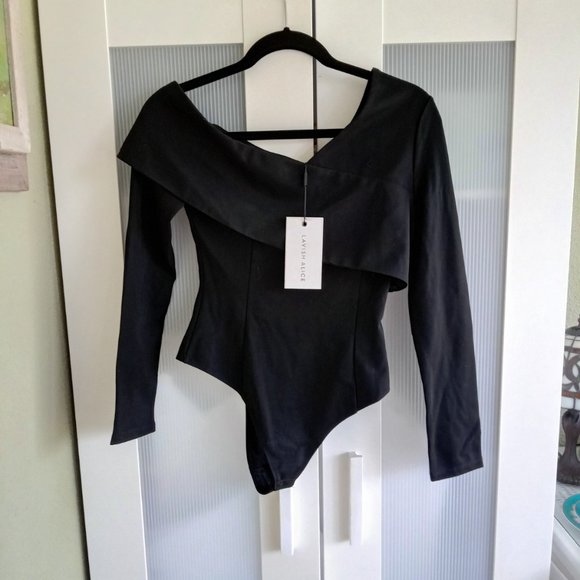 Lavish Alice Cold Shoulder Asymmetrical Black Bodysuit Thong XS - Picture 2 of 5